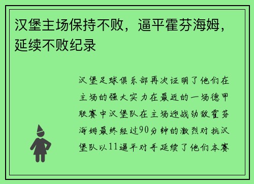 汉堡主场保持不败，逼平霍芬海姆，延续不败纪录